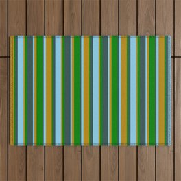 [ Thumbnail: Dark Slate Gray, Sky Blue, Dark Goldenrod, and Green Colored Pattern of Stripes Outdoor Rug ]