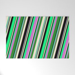 [ Thumbnail: Vibrant Green, Orchid, Forest Green, Beige & Black Colored Striped Pattern Welcome Mat ]