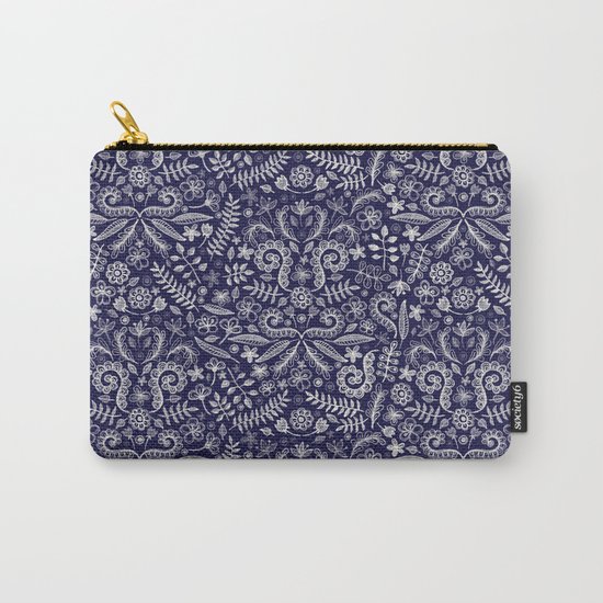 Chalkboard Floral Doodle Pattern in Navy & Cream Carry-All Pouch