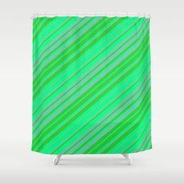 [ Thumbnail: Aquamarine, Lime Green & Green Colored Striped/Lined Pattern Shower Curtain ]