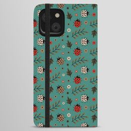 Ladybug and Floral Seamless Pattern on Green Blue Background iPhone Wallet Case