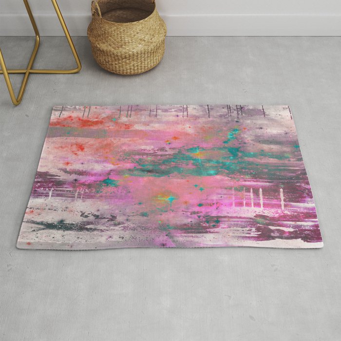 Mystical! - Abstract, pink, purple, red, blue, black and white painting Rug