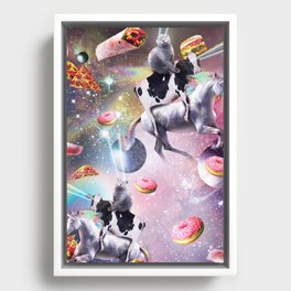Space Cat Cow Unicorn Riding, Rainbow Laser Eyes Framed Canvas