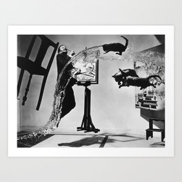 Dalí Atomicus, Salvador Dali painting with flying cats and water spurts surrealism / surrealist black and white photograph / photography by Philippe Halsman Art Print