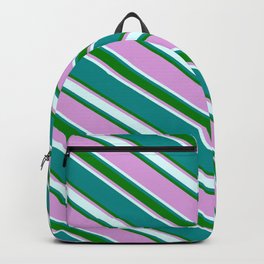 [ Thumbnail: Dark Cyan, Green, Plum & Light Cyan Colored Striped Pattern Backpack ]