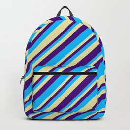 [ Thumbnail: Pale Goldenrod, Indigo & Deep Sky Blue Colored Stripes/Lines Pattern Backpack ]