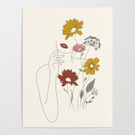 Colorful Thoughts Minimal Line Art Woman with Flowers III Poster