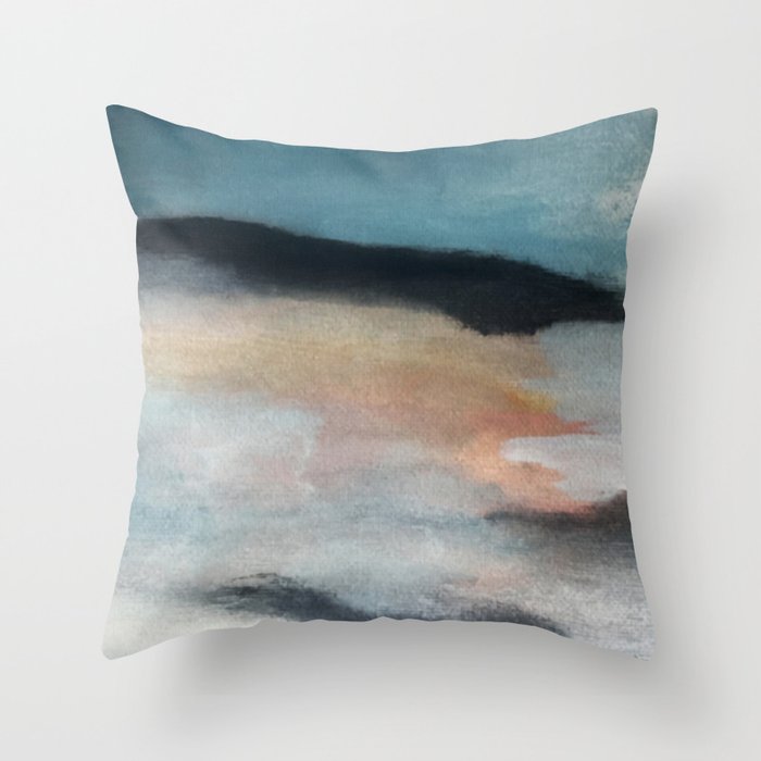 Dawn: a minimal abstract acrylic piece in pink, blues, yellow, and white Throw Pillow