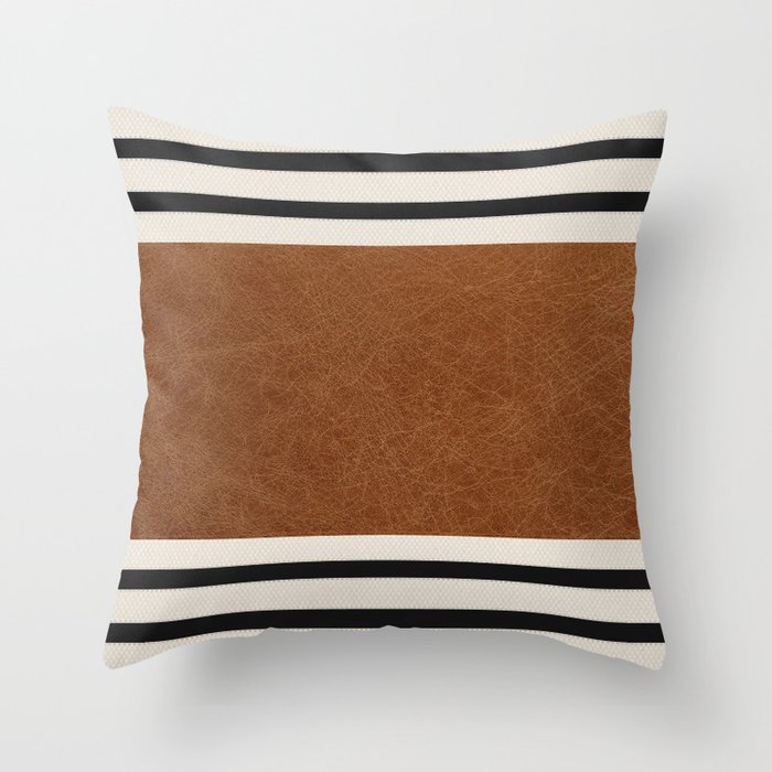 Scandinavian Modern Cognac Leather With Stipes Throw Pillow by All