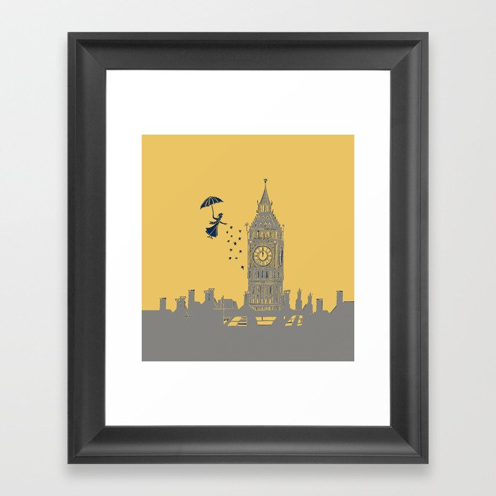 Mary Poppins and Big Ben in Mustard Yellow and Grey Framed Art Print