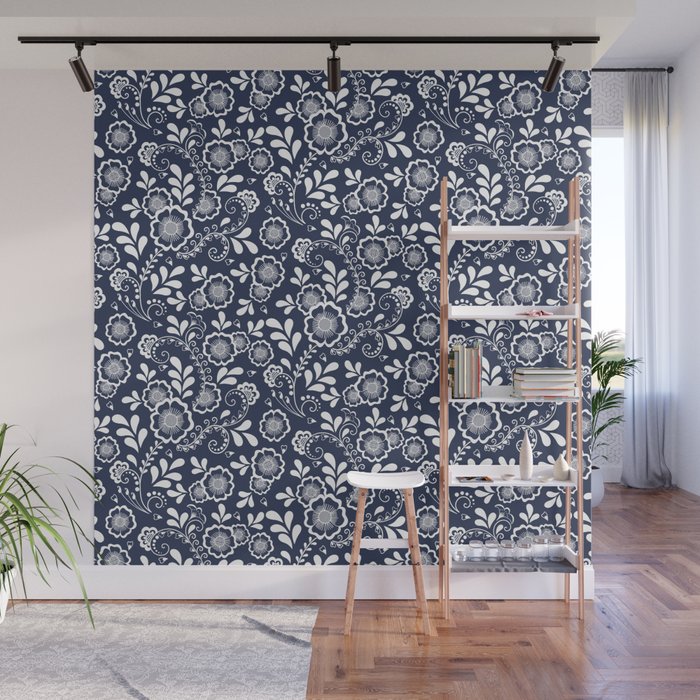 Navy Blue And White Eastern Floral Pattern Wall Mural