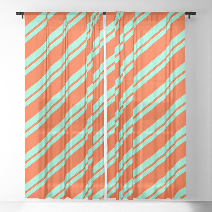 Aquamarine and Red Colored Stripes Pattern Sheer Curtain