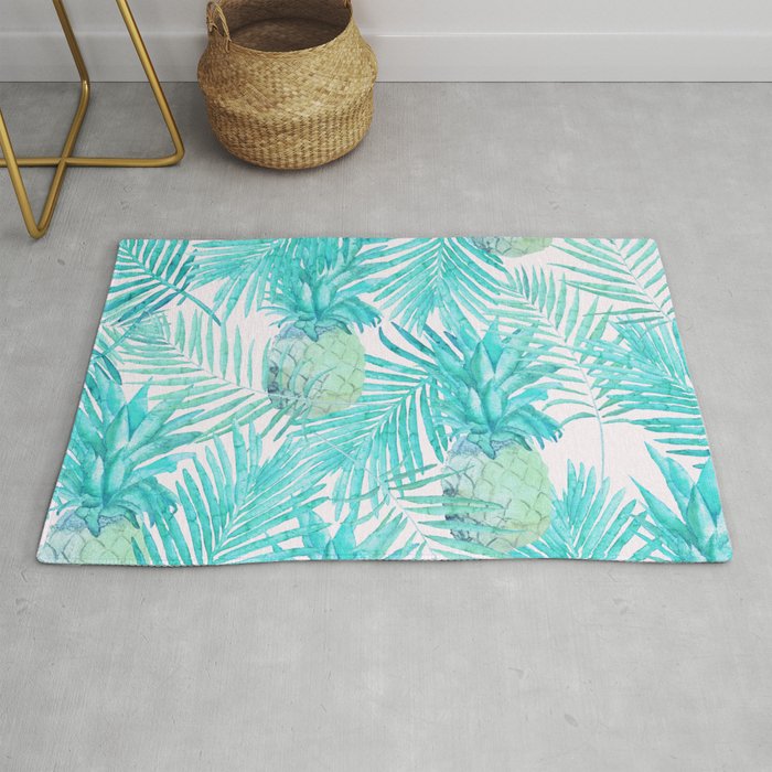 Turquoise Palm Leaves and Pineapples on Pink Rug