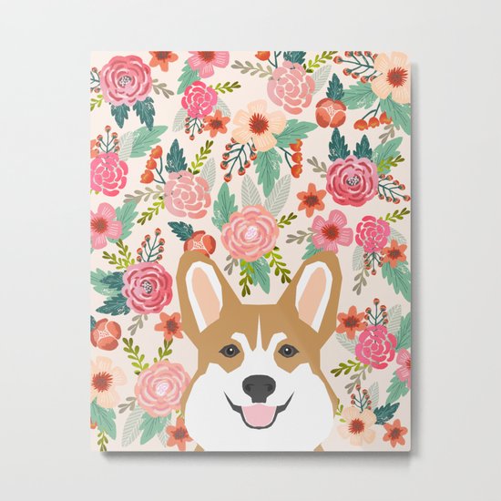 Welsh Corgi cute flowers spring summer garden dog portrait cute corgi puppy funny god illustrations Metal Print