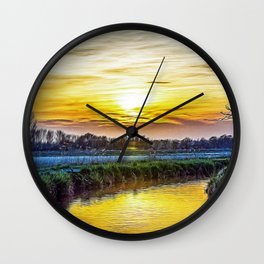 Irrigation ditch in the Ticino river natural park during winter before sunset Wall Clock