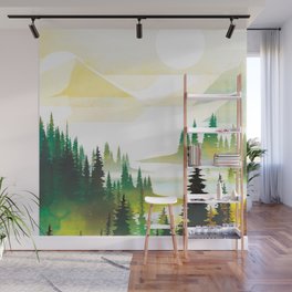 Sunrise above the pine forest lake 2 Wall Mural