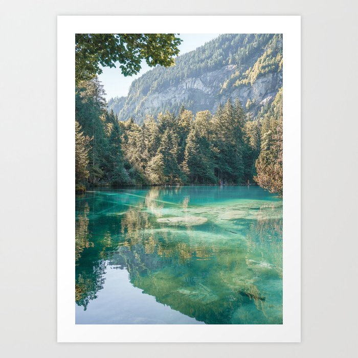 Blue Lake Mountain Reflection Photo | Landscape In Switzerland Art Print | Blausee Nature Travel Photography Art Print