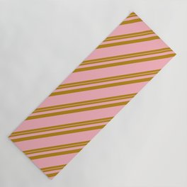 [ Thumbnail: Dark Goldenrod & Light Pink Colored Striped/Lined Pattern Yoga Mat ]