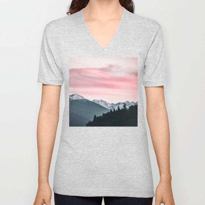 Snow Capped Mountains with Pink Sky  V Neck T Shirt