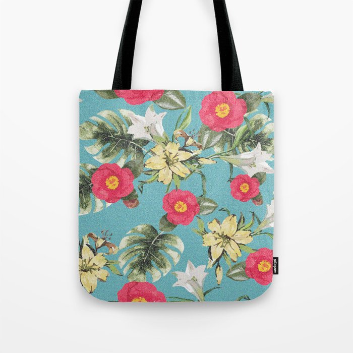 Paradise Flowers bright turquoise Tote Bag