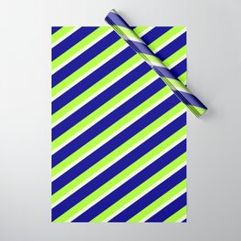 [ Thumbnail: Dark Blue, Light Green, and Beige Colored Striped Pattern Wrapping Paper ]