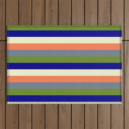 [ Thumbnail: Eye-catching Coral, Slate Gray, Green, Dark Blue & Light Yellow Colored Striped Pattern Outdoor Rug ]