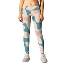 Daisy Time Retro Floral Pattern Teal Blue and Blush Pink Leggings