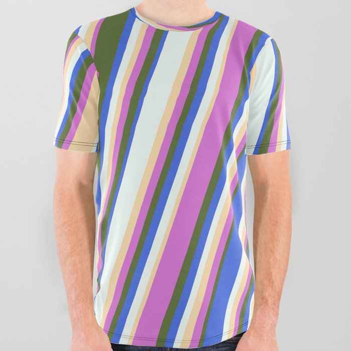 Orchid, Dark Olive Green, Royal Blue, Mint Cream, and Tan Colored Stripes Pattern All Over Graphic Tee