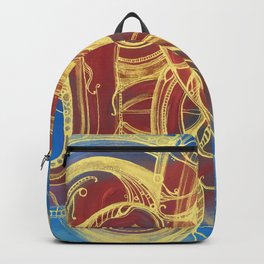 GOLDEN SWIRLING - CURLY GOLDEN LINES ON RED AND BLUE Backpack
