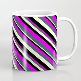 [ Thumbnail: Fuchsia, Dark Slate Gray, Light Yellow, and Black Colored Lined Pattern Coffee Mug ]