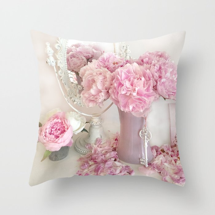 Shabby Chic Pink Peonies White Mirror Romantic Cottage Prints Home Decor Throw Pillow
