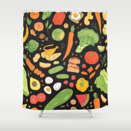 Seamless pattern with dietary food, wholesome grocery products, natural organic fruits, berries and vegetables on black background. Hand drawn realistic vintage illustration Shower Curtain