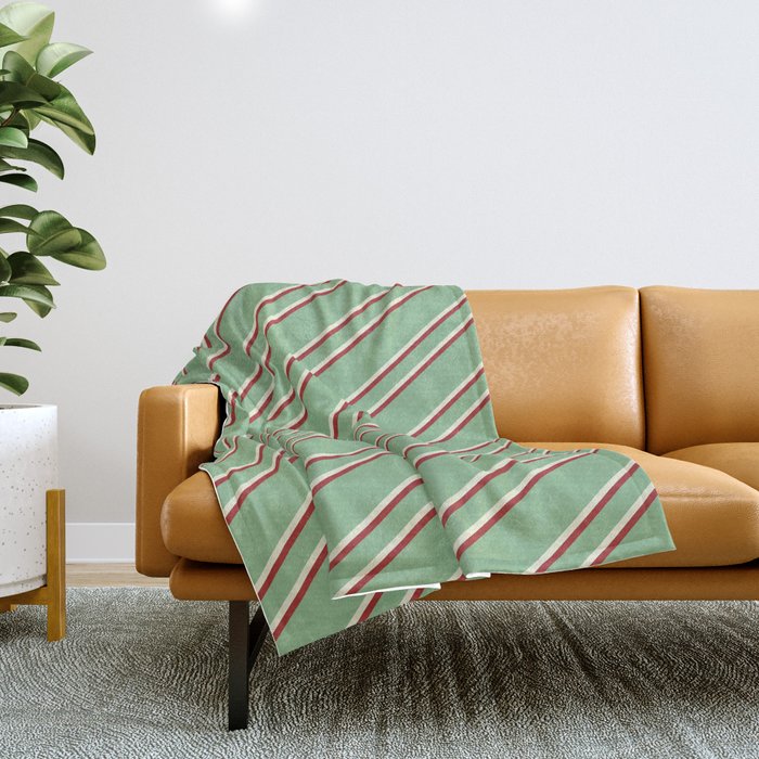 Dark Sea Green, Beige & Brown Colored Stripes Pattern Throw Blanket
