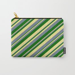 [ Thumbnail: Slate Gray, Dark Green & Tan Colored Lines/Stripes Pattern Carry-All Pouch ]