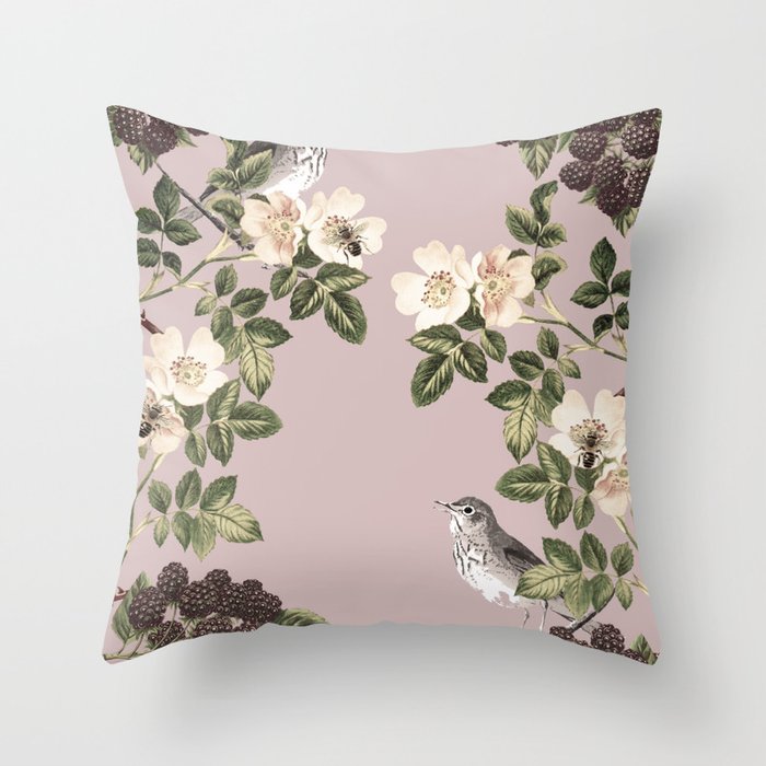 Birds and the Bees Pink Berry Throw Pillow