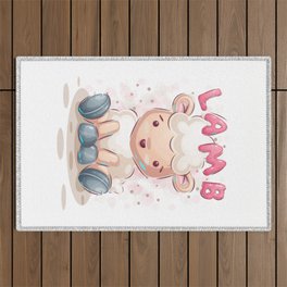 Cute Funny Cartoon Lamb Character Pink Animal Illustration Outdoor Rug