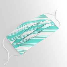 [ Thumbnail: White and Turquoise Colored Lined/Striped Pattern Face Mask ]