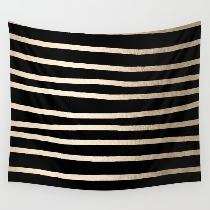 Simply Drawn Stripes White Gold Sands on Midnight Black Wall Tapestry