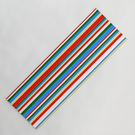 [ Thumbnail: Colorful Blue, Tan, Red, White, and Dark Green Colored Striped/Lined Pattern Yoga Mat ]