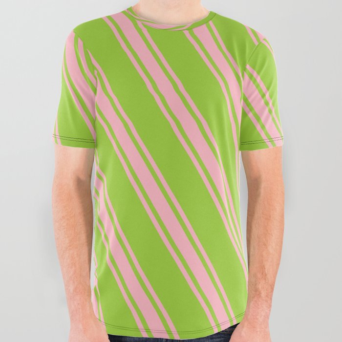 Green & Light Pink Colored Lined/Striped Pattern All Over Graphic Tee