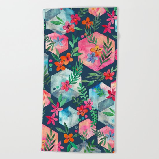 Whimsical Hexagon Garden on Blue Beach Towel