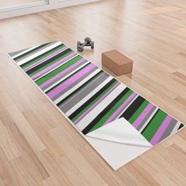 [ Thumbnail: Colorful Gray, Violet, Forest Green, Black & White Colored Striped Pattern Yoga Towel ]