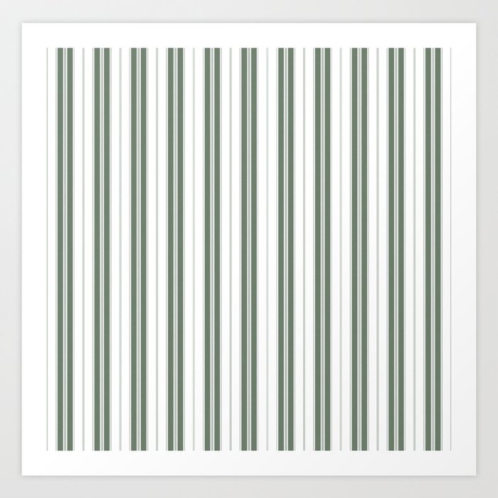 Forest Green and White Vertical Vintage American Country Cabin Ticking Stripe Art Print