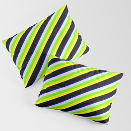 [ Thumbnail: Colorful Blue, Lavender, Green, Yellow, and Black Colored Stripes Pattern Pillow Sham ]