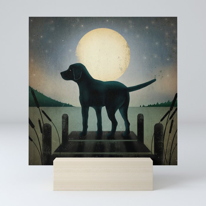 Black Dog Labrador Lake Dock Moon Cottage Cabin Mini Art Print By