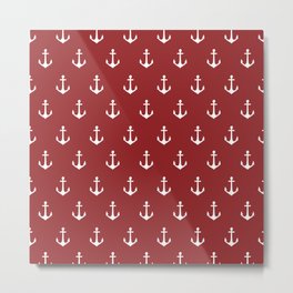 Maritime Nautical Red and White Anchor Pattern - Medium Size Anchors Metal Print