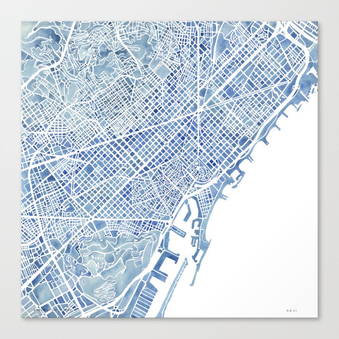 Barcelona Blueprint Watercolor City Map Canvas Print