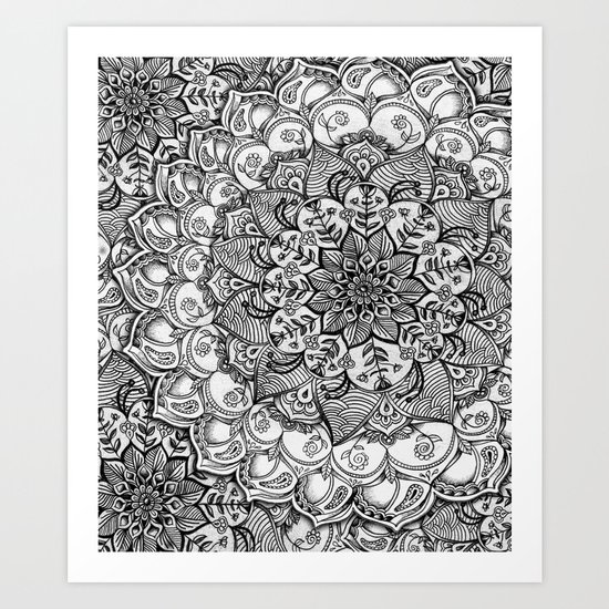 Shades of Grey - mono floral doodle Art Print