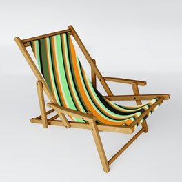 [ Thumbnail: Colorful Dark Orange, Light Yellow, Green, Black, and Dark Olive Green Colored Pattern of Stripes Sling Chair ]