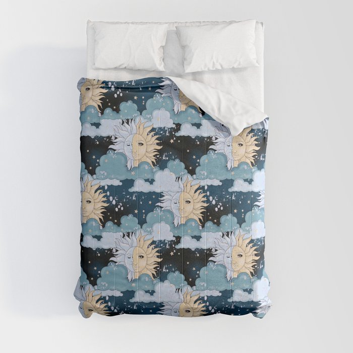 celestial magic sun moon and clouds pattern Comforter
